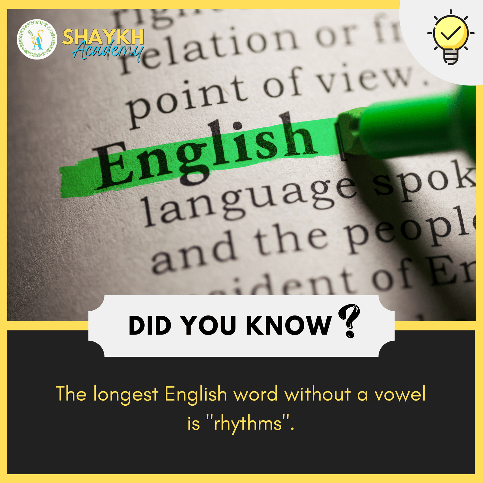 The longest English word without a vowel is "rhythms"