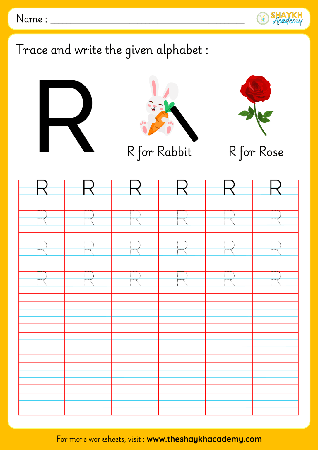 Learn to write English Capital Letter 'R' Worksheet