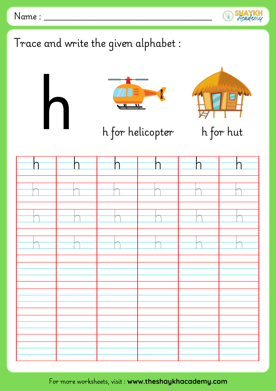 Learn to write English Small Letter 'h' Worksheet
