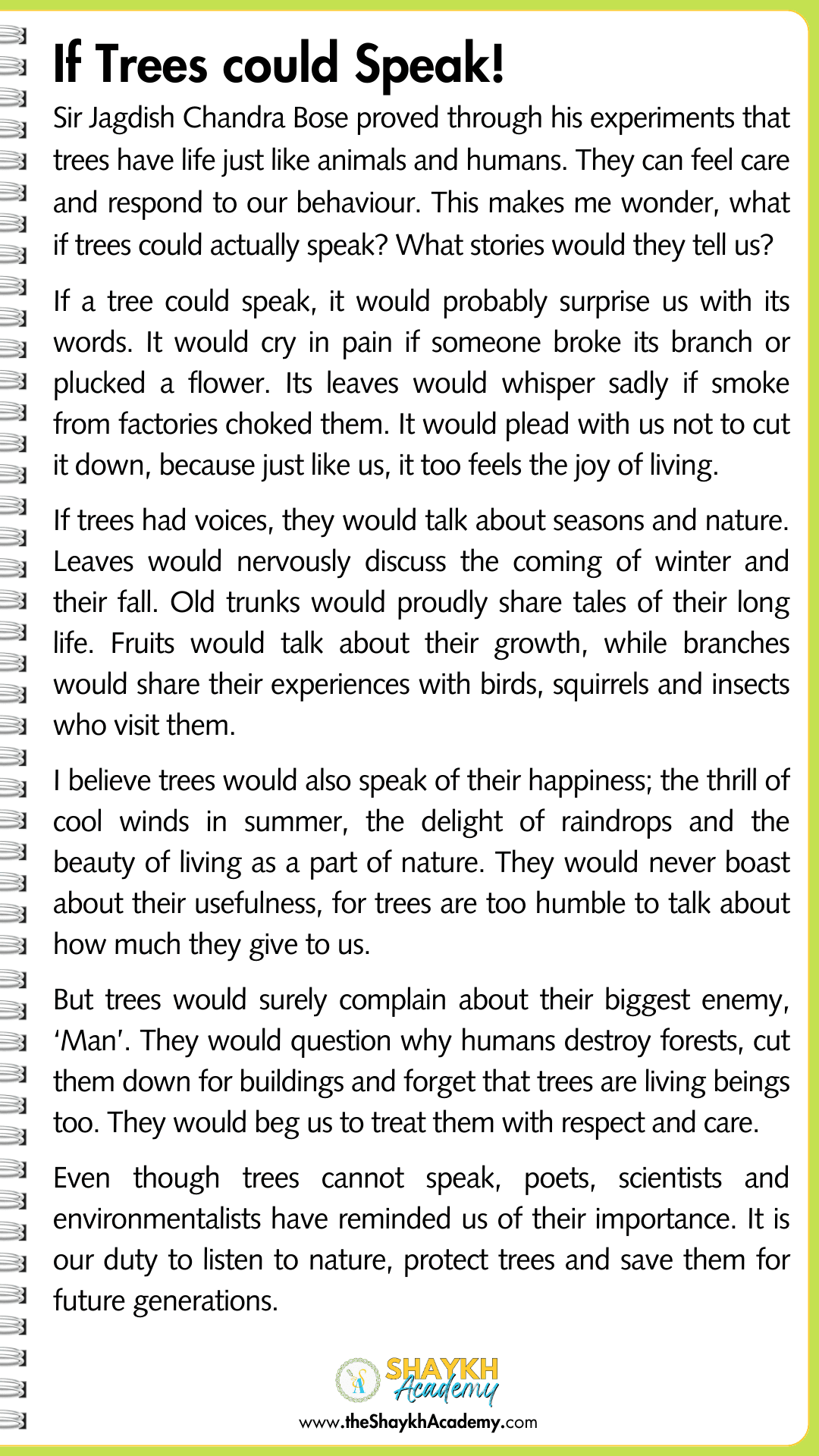 Tree Talk Paper Examples Essay on 'If Trees could Speak!' for Class 8, 9 & 10