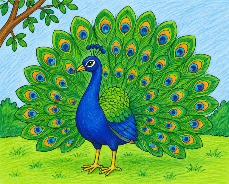 Draw a picture of a peacock and colour it.