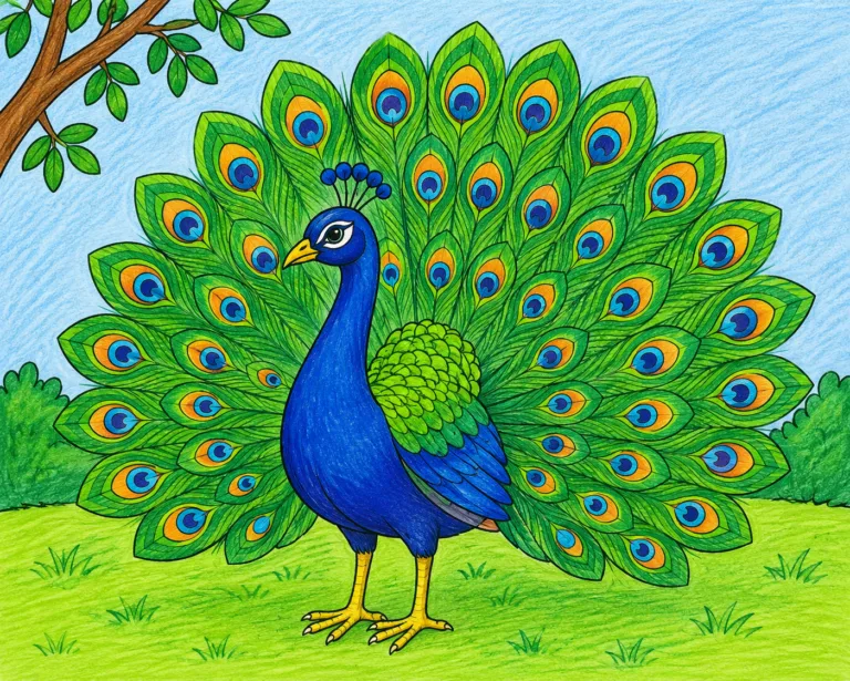 Draw a picture of a peacock and colour it.